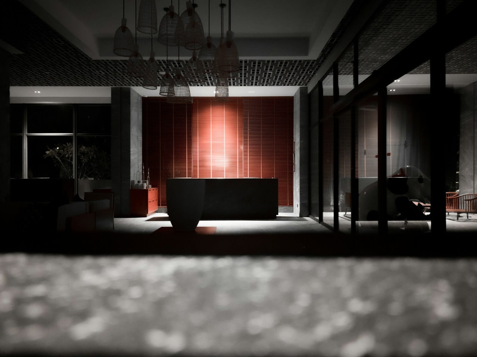 black and white house with red light