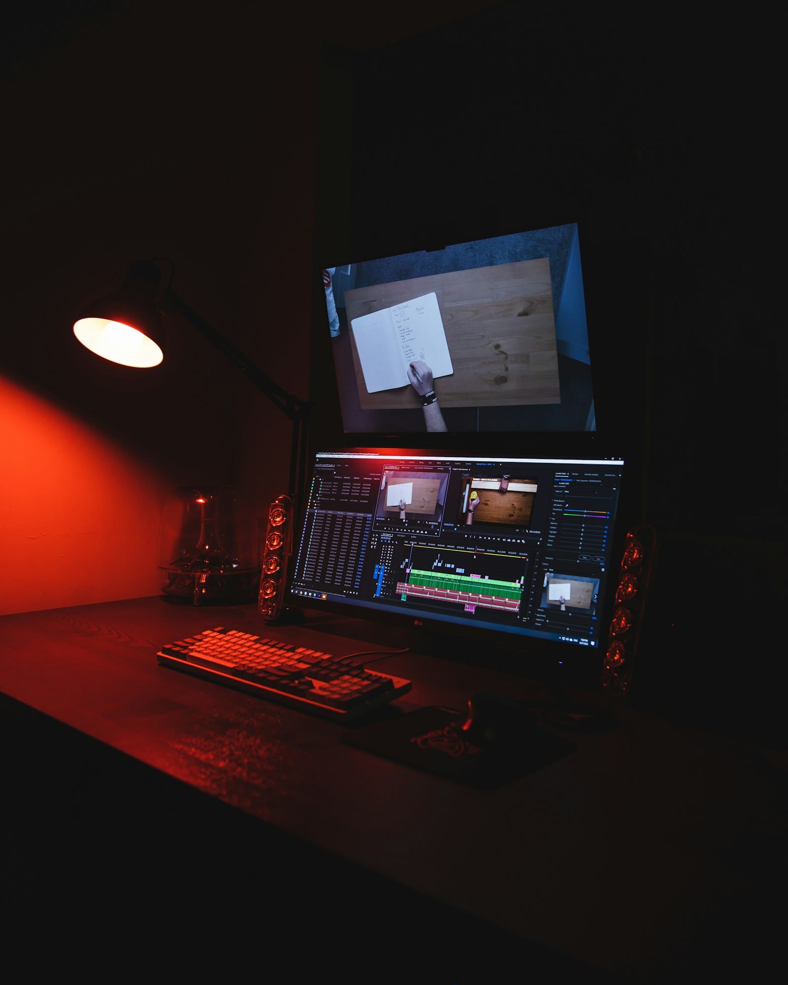 Editing desk with a timeline on screen